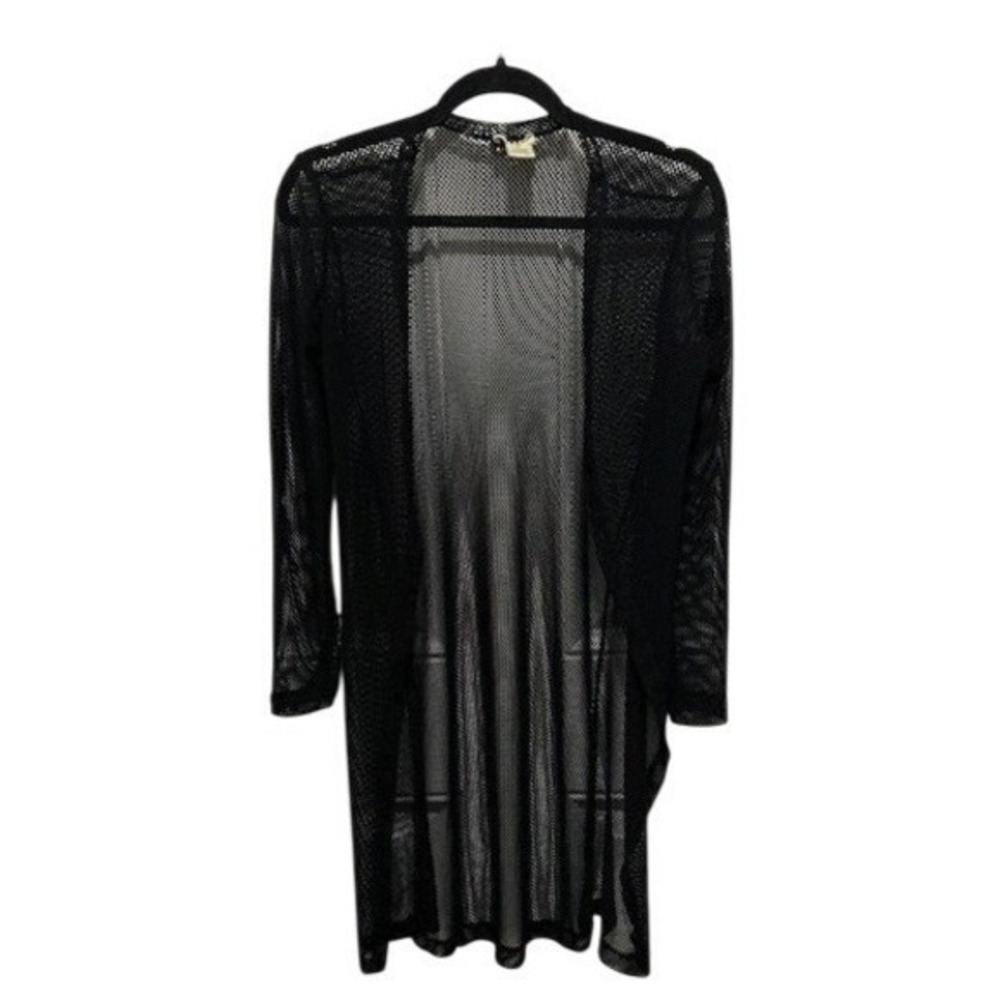 NYC Womens Black Fishnet Mesh Open Front Cardigan Swim Cover Beach Pool Medium